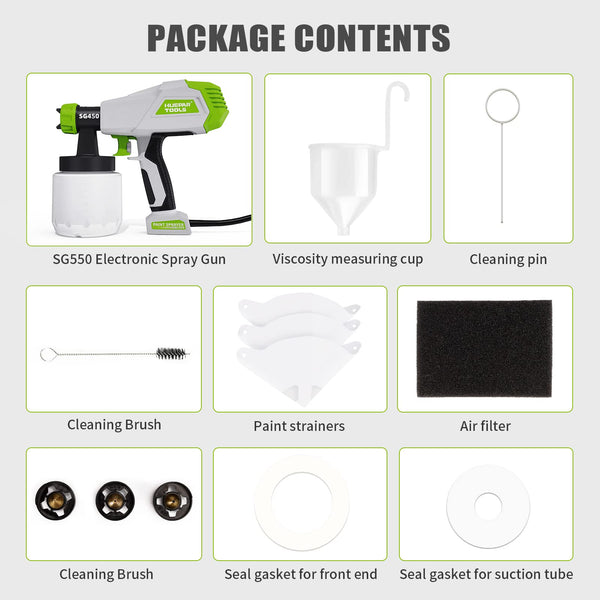 Fence Paint Sprayer 800W, Huepar Tools Electric HVLP Paint Spray Gun, 4 Nozzles, 9.84ft Hose, 3 Patterns, Adjustable Spray, 1300ML Detachable Container, Electric Spray Gun for Indoor & Outdoor