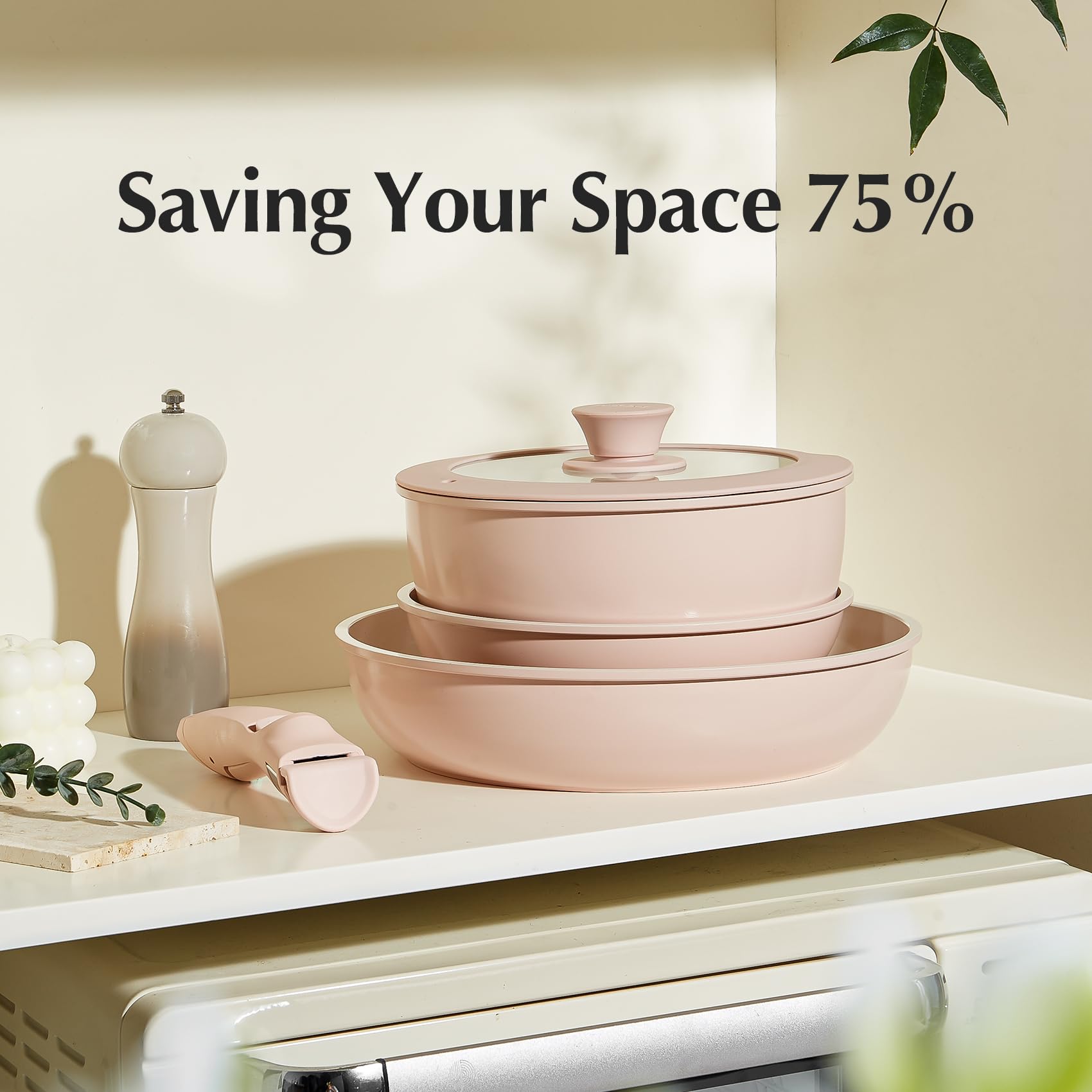 Redchef Ceramic Pots and Pans Set Non Stick, 16 pcs Nonstick Cookware Set with Detachable Handle, Non Toxic, PFAS PFOA & PTFE Free, RV Ceramic Cookware Set for Camping, Oven Safe (Pink)