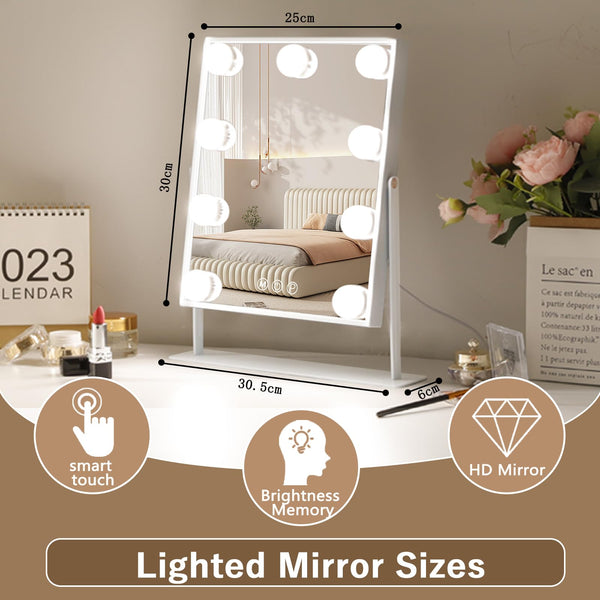 Hansong Vanity Mirror with Lights Light up Vanity Makeup Mirror with 9 LED Bulbs Tabletop Plug in Makeup Mirror with Lights 360 Rotation with 10x