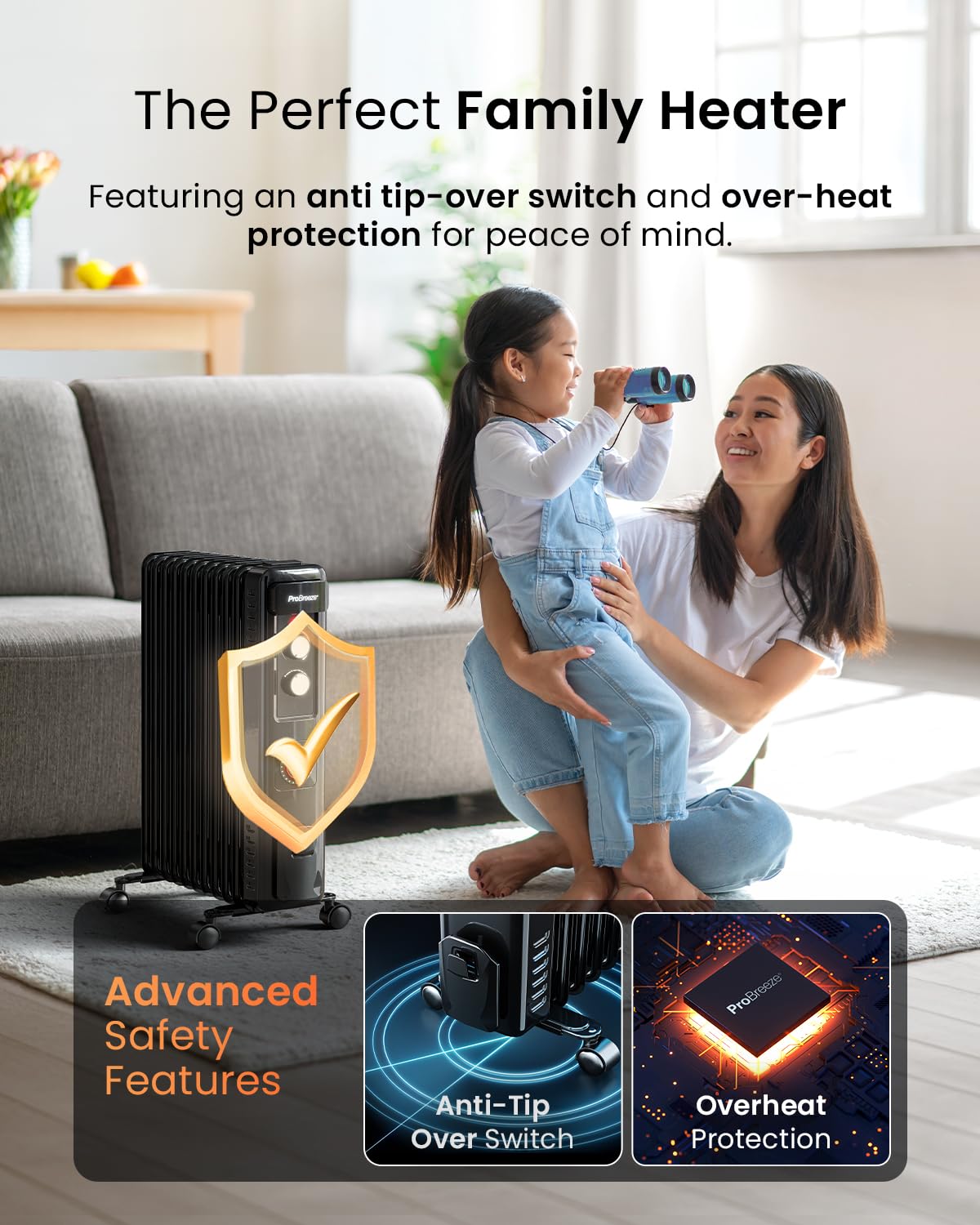 Pro Breeze Oil Filled Radiator with 11 Fins - Slim Electric Radiator - Portable Oil Heater with Built-in 24 Hour Timer, 3 Heat Settings, Adjustable Thermostat (White)