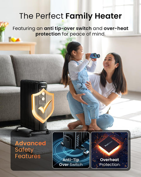 Pro Breeze Oil Filled Radiator with 11 Fins - Slim Electric Radiator - Portable Oil Heater with Built-in 24 Hour Timer, 3 Heat Settings, Adjustable Thermostat (White)