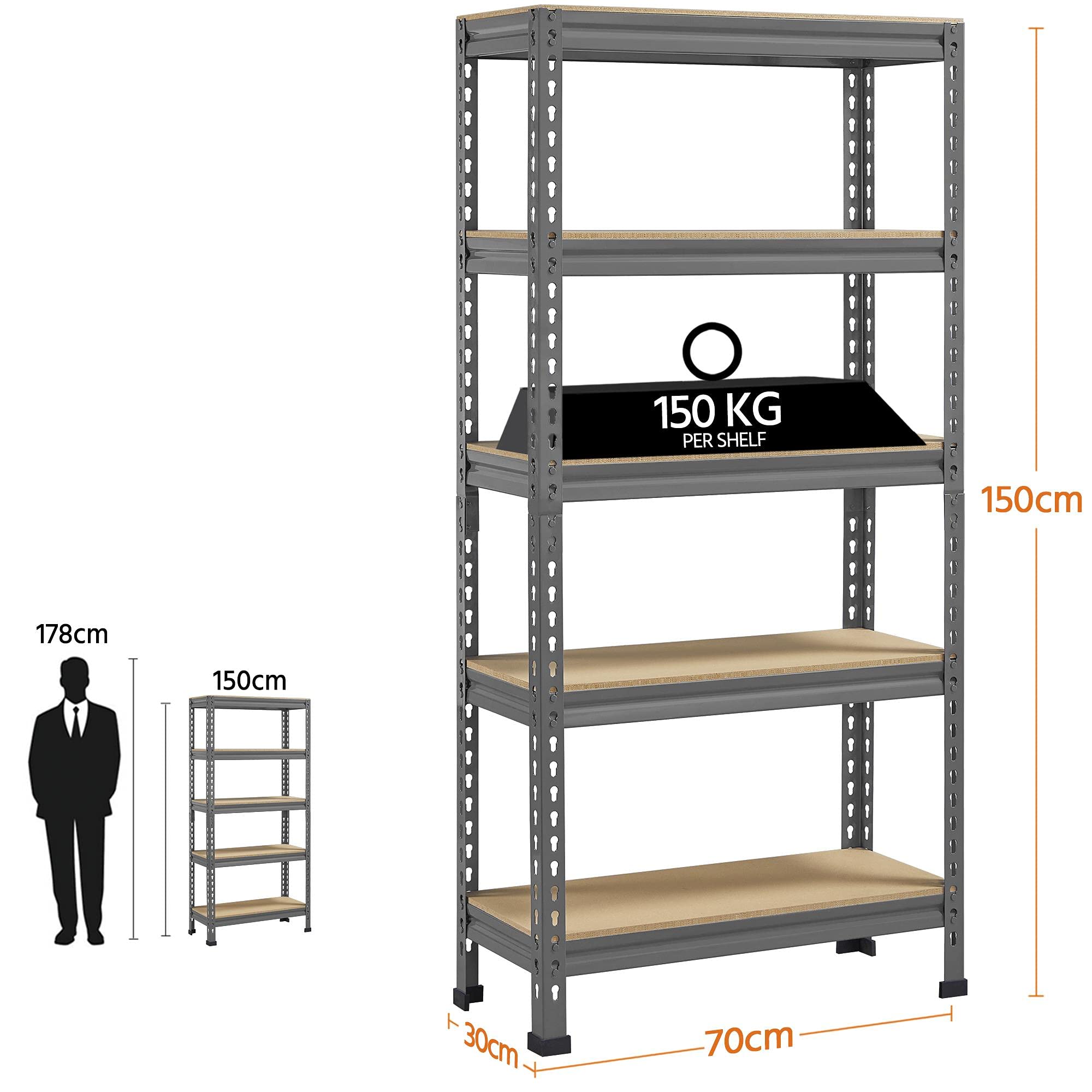 Yaheetech 5 Tier Garage Shelving Units, Heavy Duty Racking shelves, 150KG Per Shelf/750KG Capacity, 70cmx30cmx150cm（LxWxH,Dark Gray