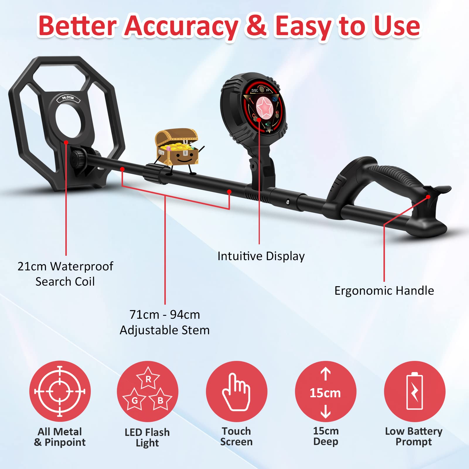 DR.ÖTEK Metal Detector for Kids, Waterproof with LCD Display and Buzzer, 60-76 cm Adjustable Stem, High Sensitivity, Lightweight Gold Detector, Ages 3-10