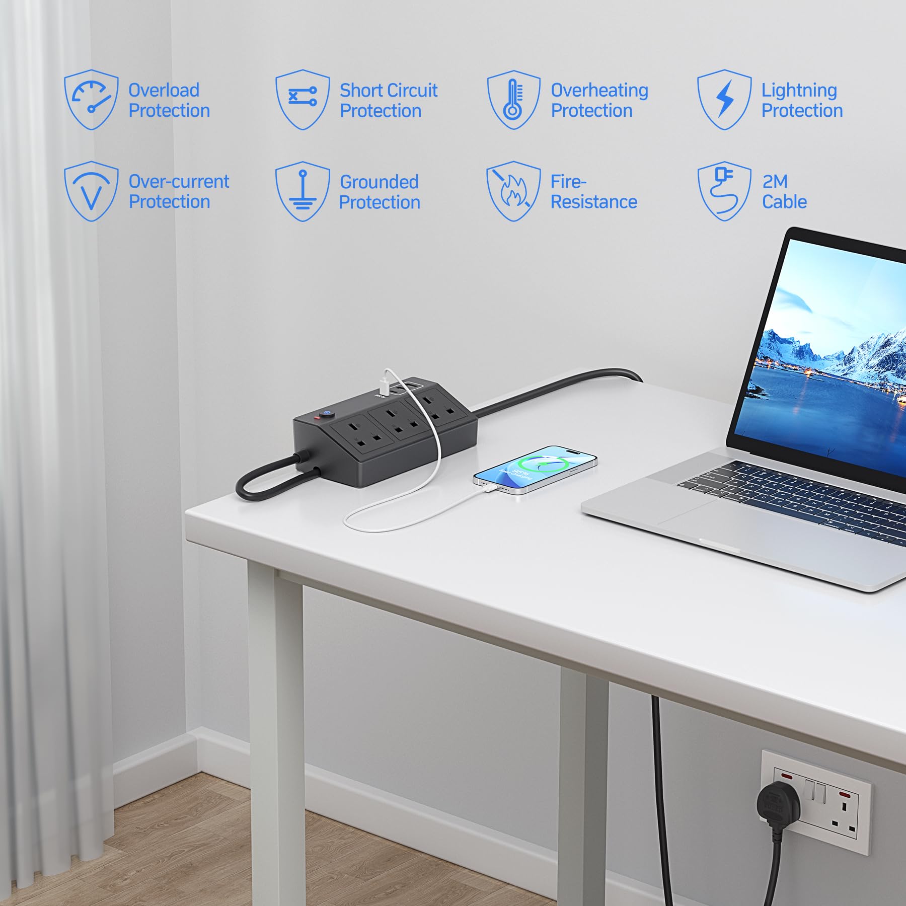 Desk Power Socket with USB C Slots, HAFINO PD 20W Fast Charging Power Station, 2M Extension Lead with USB Slots with Removable Clamp, Desktop Power Strip for Home Office