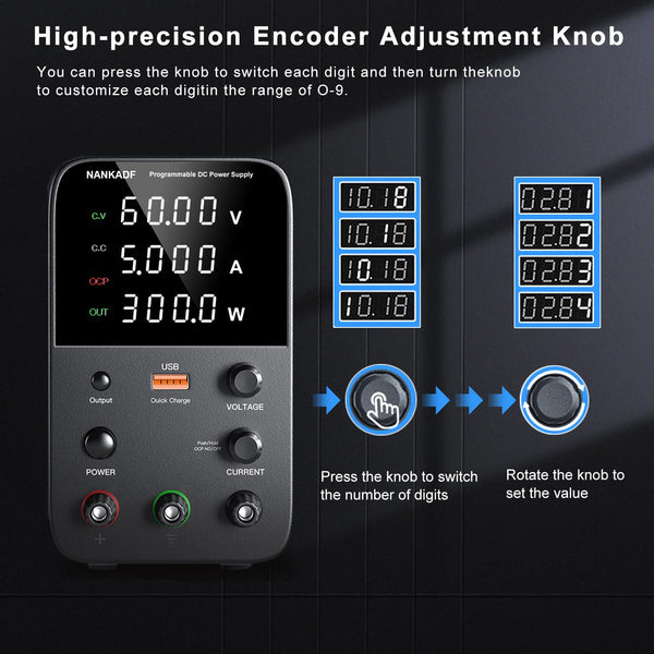 DC power supply (0-30V,0-10A) adjustable, switching power supplies, mini high precision 4-digit display with USB fast charging interface, variable lab bench power supply, output button/encoder knob