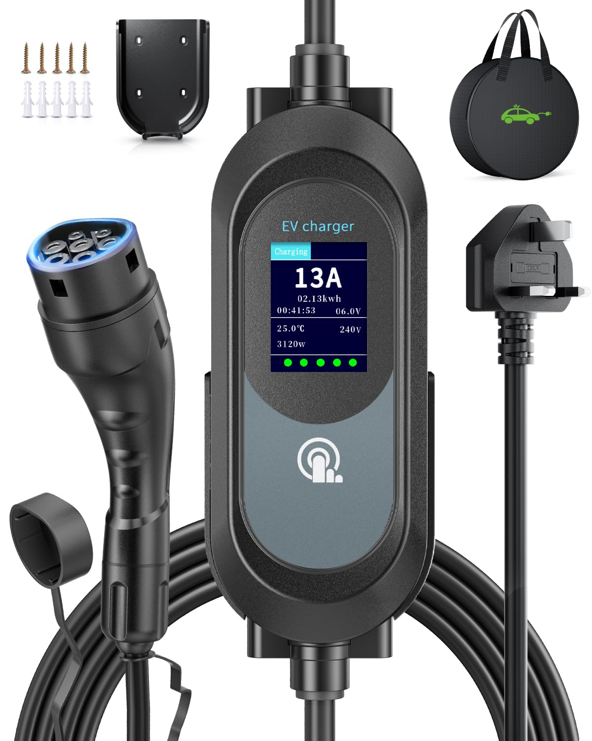 EVJUICION EV Charger Cable Type 2 to 3 Pin Plug 8M, 3.1kW 6-13A 3 Pin EV Charging Cable, Portable Electric Car Charger for up to 12H Delayed Start Charging with 2.4″ LED Screen, IP67 for EVs & PHEV