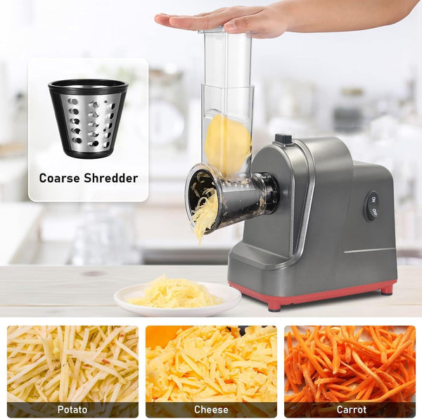 ABsuper Electric Cheese Grater Vegetable Slicer - 250W Electric Rotary Grater Chopper Salad Maker with 4 Stainless Steel Drums for Cucumber, Carrot,