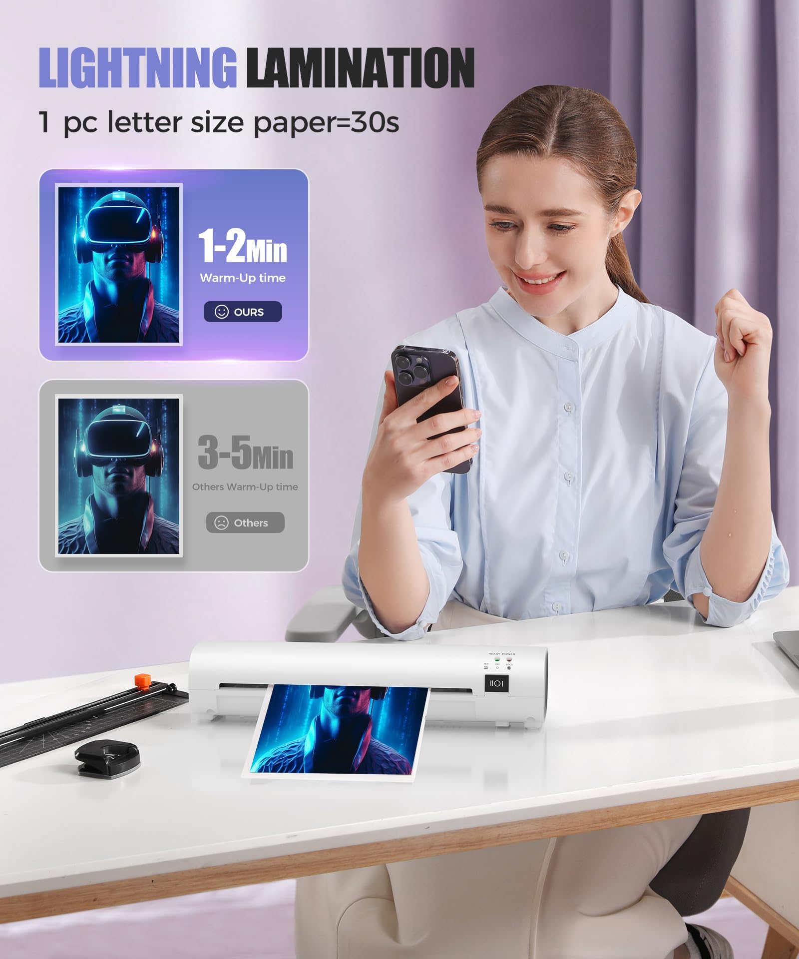 A4 Laminator Machine with 40 Laminating Pouches, Paper Trimmer, Corner Rounder, Thermal Laminator Hot and Cold Modus ABS Jam Release 80-125Micron 280mm/min for Home Office School Studio Bar