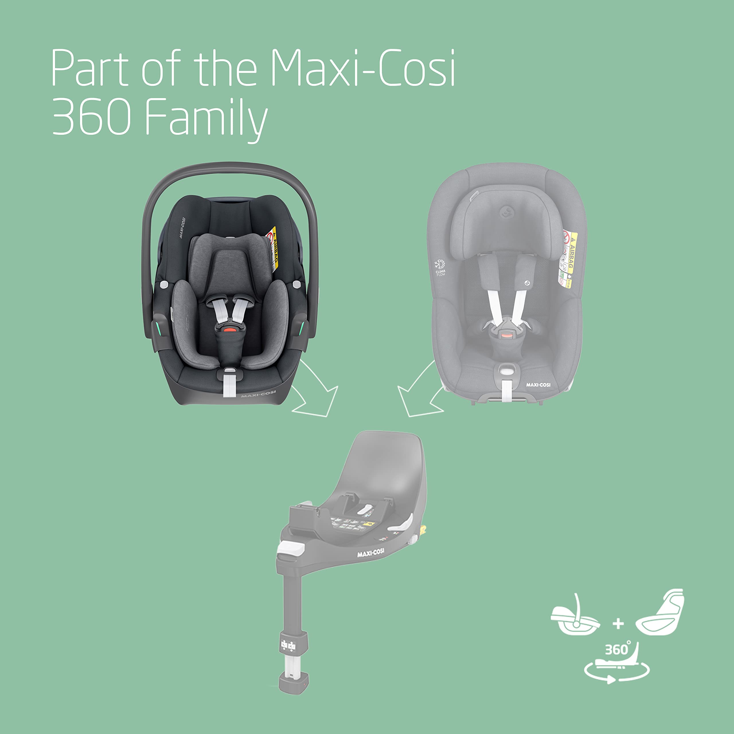 Maxi-Cosi FamilyFix 360 i-Size Base, Rotating Car Seat System, 360 Swivel ISOFIX Base, 0-4 Years (40-105 cm), One-Hand FlexiSpin Rotation, TravelSafe Rotation Control, Click & Go, Black