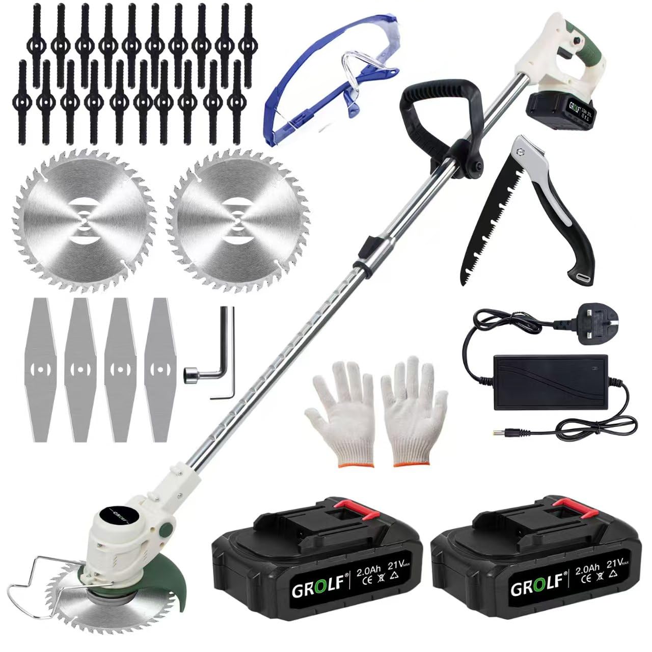 Cordless Grass Strimmer with Battery and Fast Charger,21V Powerful Electric Garden Grass Trimmer Rechargeable Lightweight Yard Brush Cutter with Metal Blades,Suitable for Gardens, Villas, Lawns