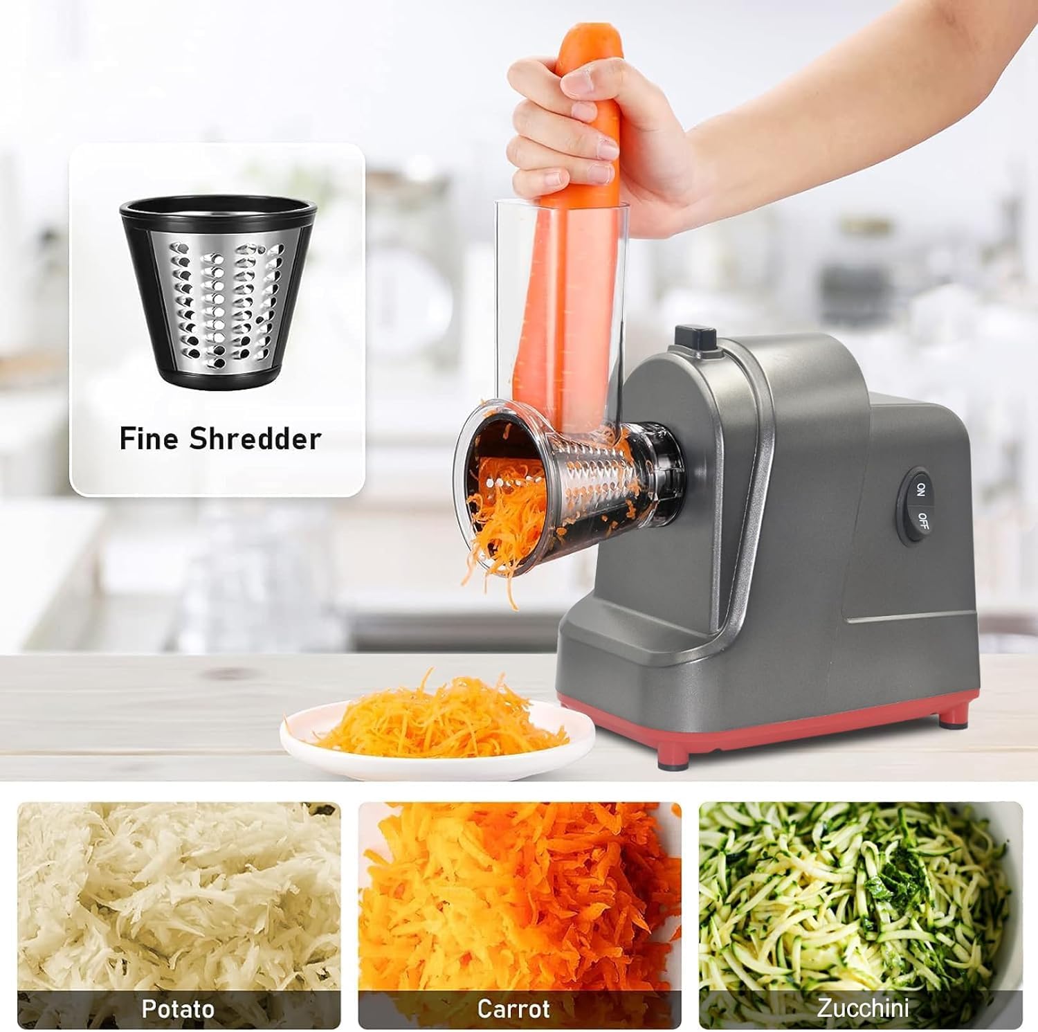 ABsuper Electric Cheese Grater Vegetable Slicer - 250W Electric Rotary Grater Chopper Salad Maker with 4 Stainless Steel Drums for Cucumber, Carrot,