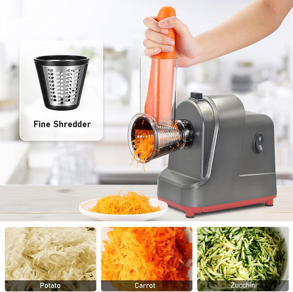 ABsuper Electric Cheese Grater Vegetable Slicer - 250W Electric Rotary Grater Chopper Salad Maker with 4 Stainless Steel Drums for Cucumber, Carrot,