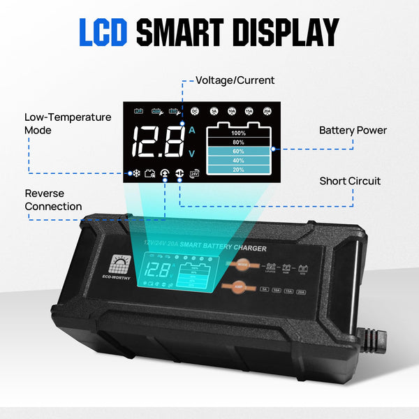 ECO-WORTHY 12V 10A LiFePO4 Battery Charger Automatic Smart and Maintainer (UK Plug) with LCD Display for Scooter Lead Acid and Lithium (LiFePO4) Battery