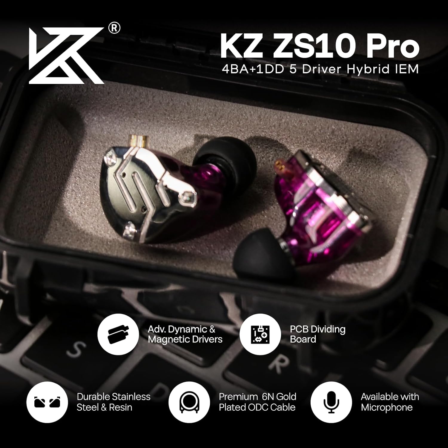 Linsoul KZ ZS10 Pro, 4BA+1DD 5 Driver in Ear Monitor, HiFi Wired Earbuds, Gaming Earbuds, Hybrid IEM Earphones with Stainless Steel Faceplate, Recessed 2 Pin Detachable Cable(With Mic, Glare Blue)