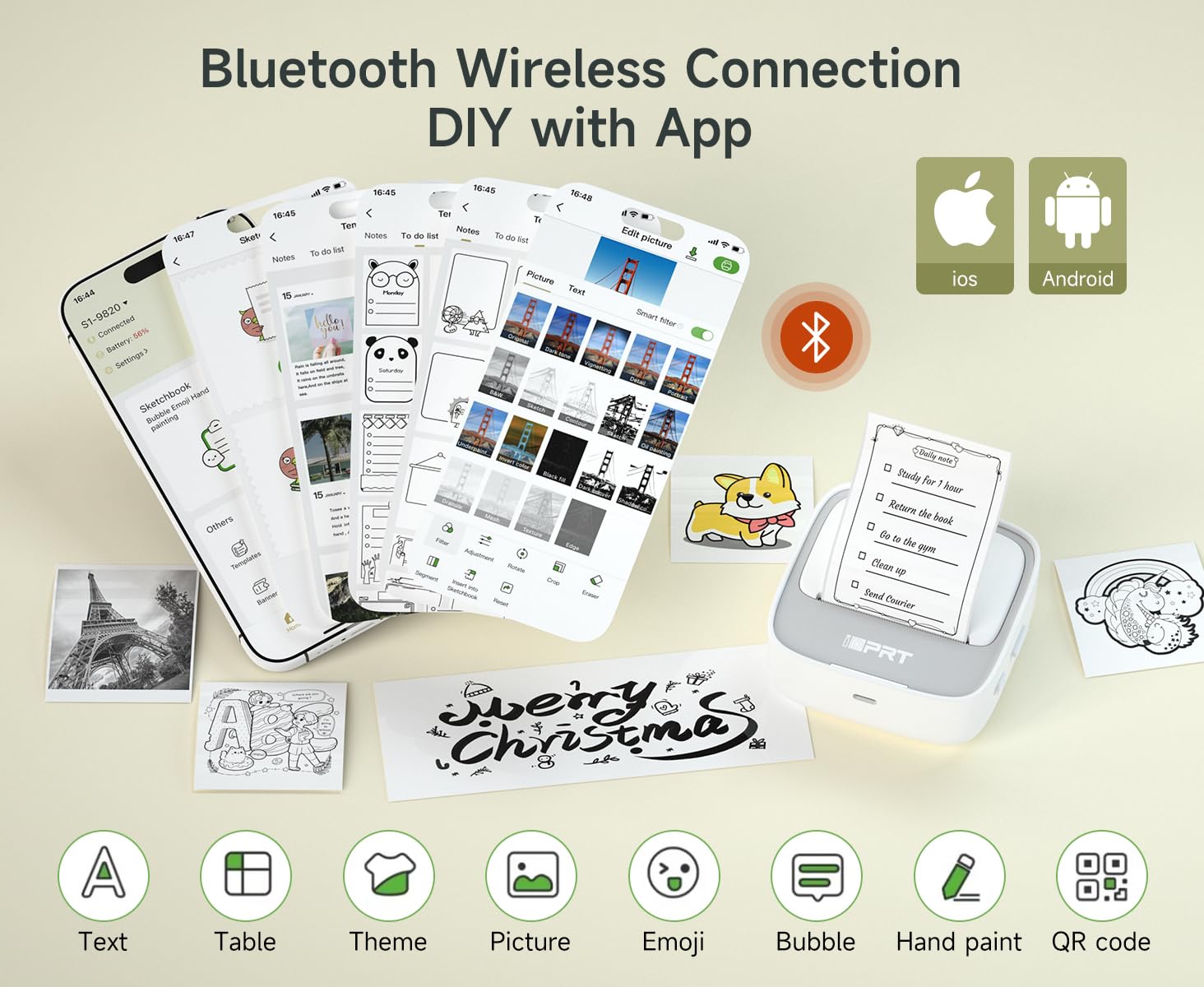 iDPRT Mini Portable Sticker Thermal Printer for Study Notes Pictures DIY Labels, Study Notes, Photos