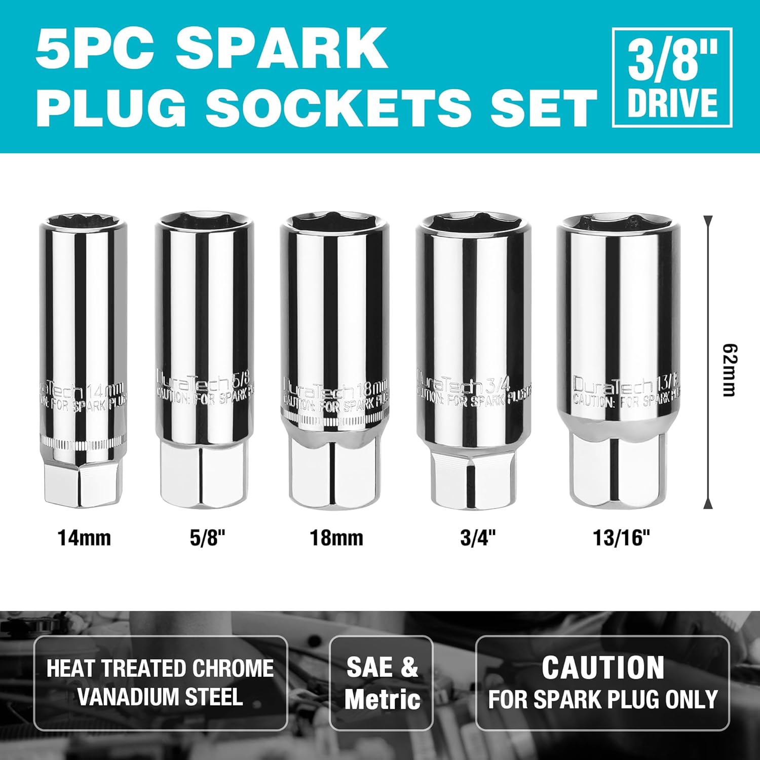 DURATECH Spark Plug Socket Set, 5-Piece SAE & Metric Cr-V Spark Plug Sockets (14mm, 18mm, 5/8", 3/4", 13/16"), 6 Point & 12 Point Thin Wall 3/8" Drive Spark Plug Removal Tool for Car, Small Engines