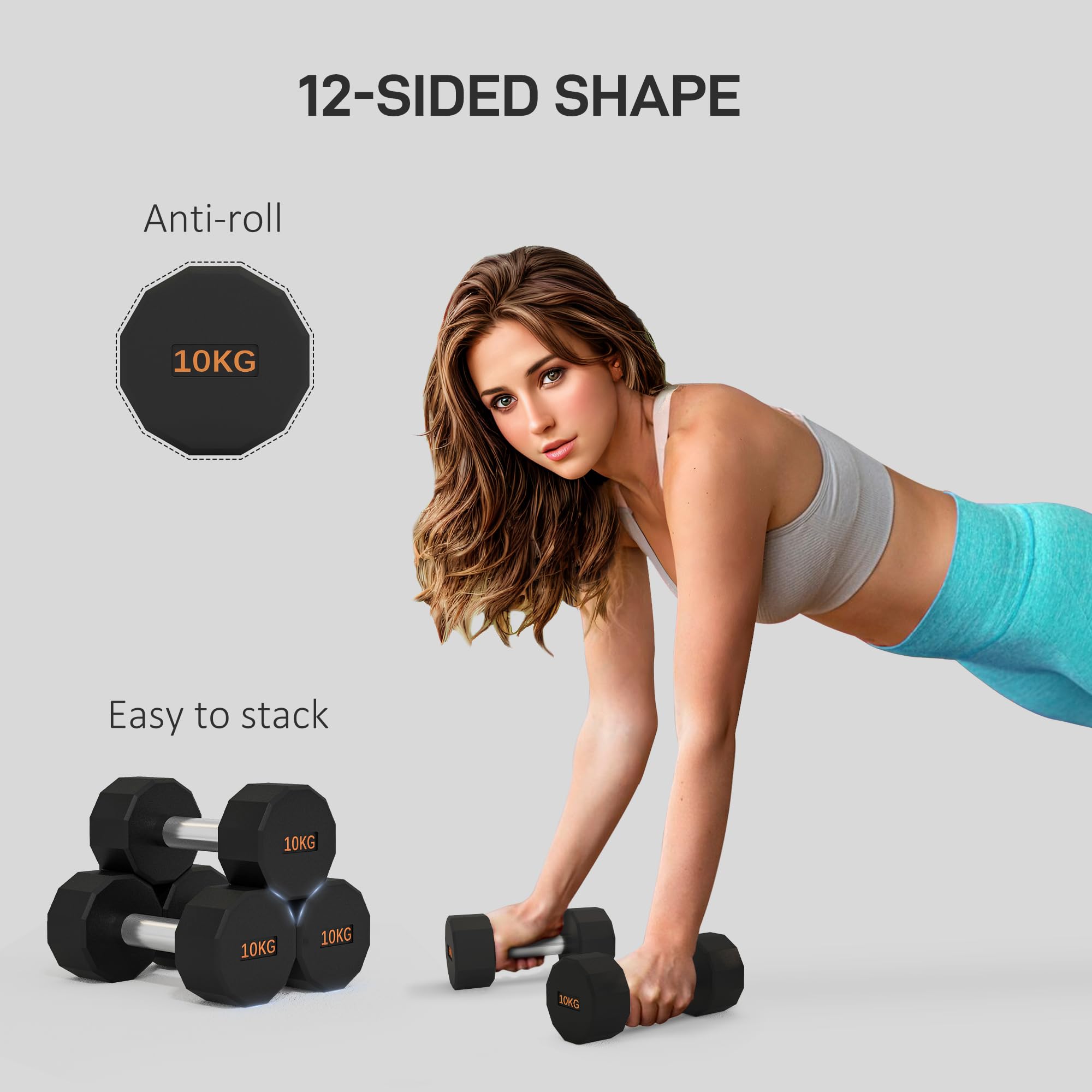 SPORTNOW Dumbbells Set, Hand Weights Pair with 12-Sided Shape and Non-Slip Grip for Men Women Home Gym Workout, 2 x 10kg