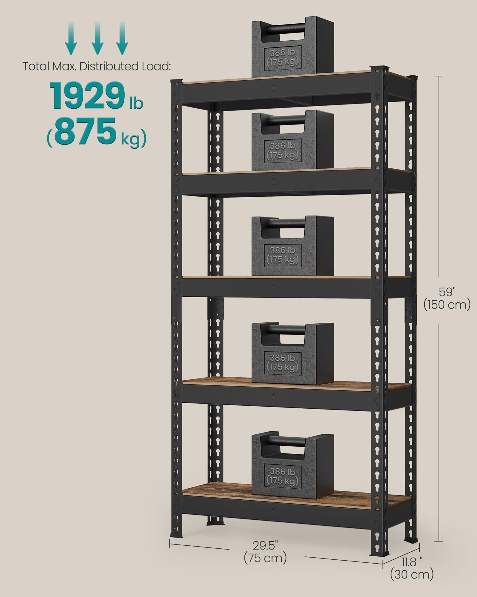 SONGMICS 5-Tier Shelving Unit, Storage Shelves, for Garage, Boltless Assembly, Adjustable Shelves, 30 x 75 x 150 cm, Load 875 kg, for Shed Warehouse Basement Kitchen, Black GLR300B01