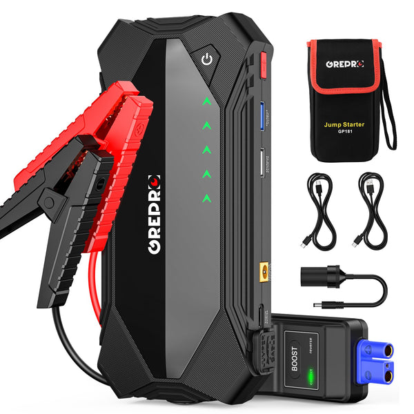 GREPRO Jump Starter Power Pack (Up to 10.0L Gas, 8.0L Diesel), Car Battery Booster Jump Starter for 12V Vehicle, Power bank with 3.0 Quick Charge Dual USB and 15V Out Ports, Flashlight,Compass