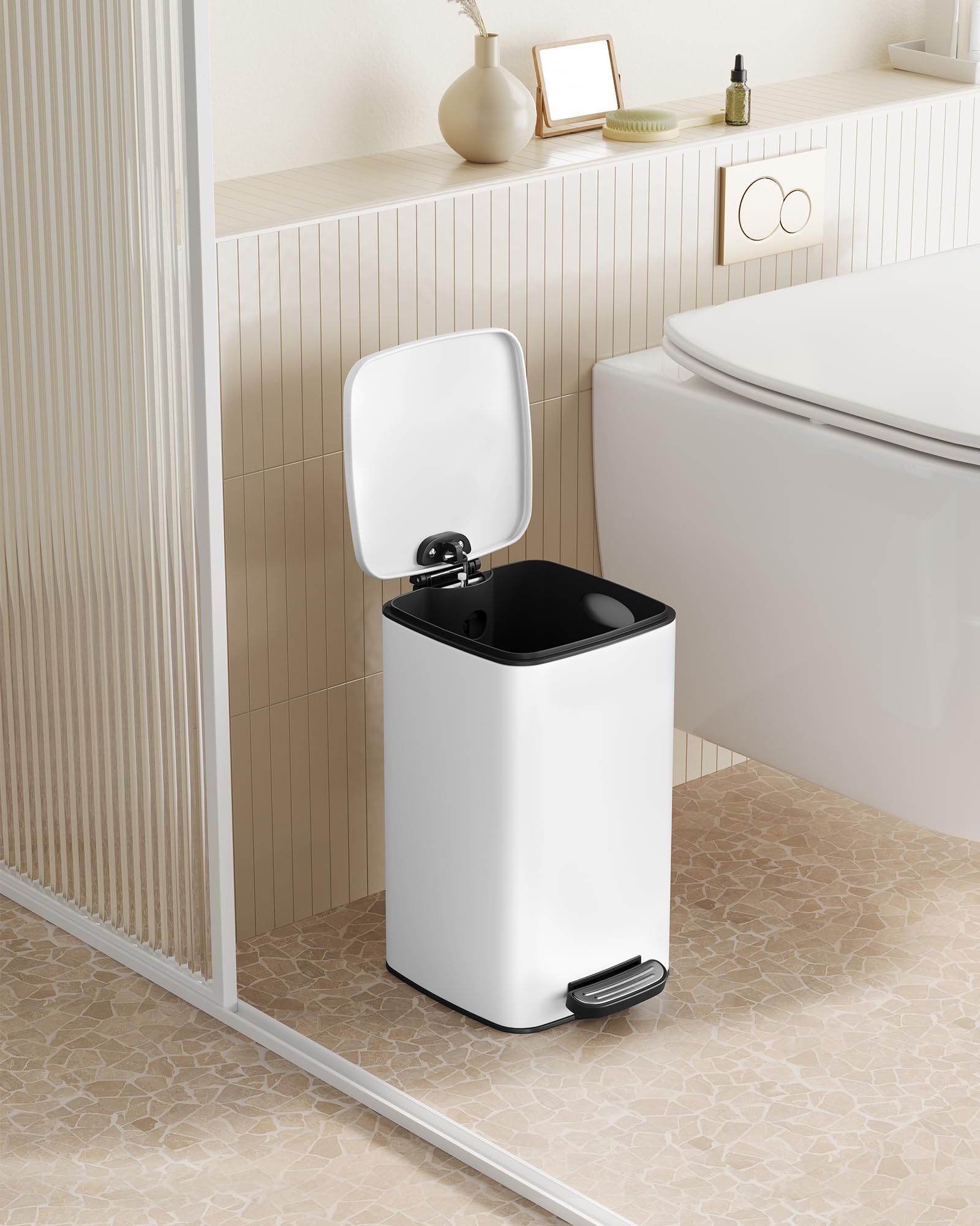 SONGMICS Kitchen Bin, 8-Gallon (30 L) Trash Bin, Steel Pedal Bin, with Inner Bucket, Soft Close and Stays Open, Ink Black LTB593B02