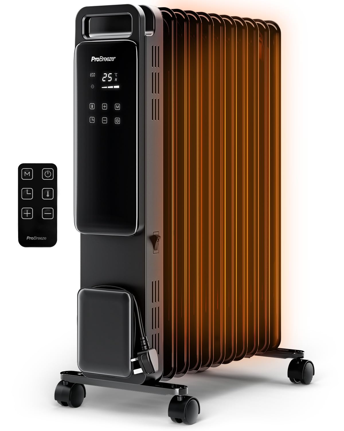 Pro Breeze Smart 2500W 11 Fin Oil Filled Radiator with Digital Display and WiFi Smart App, Thermostat, 24Hr Timer, 3 Heat Modes, Child Lock, Overheat & Tip-Over Protection Oil heater for Home - Black