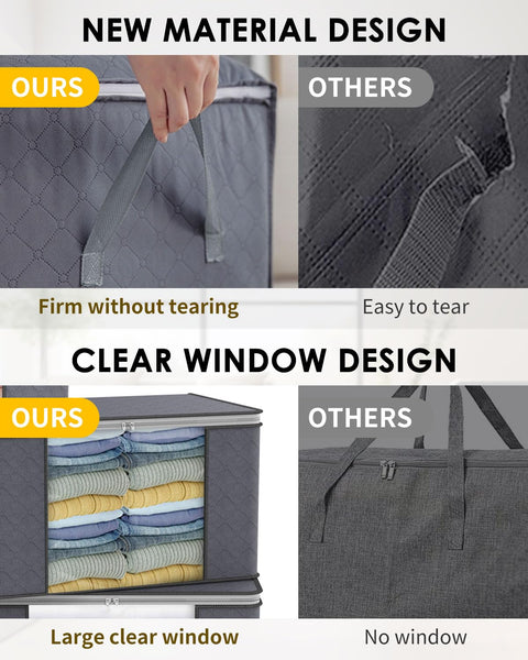 KALAHOL 90L Large Capacity Clothes Storage Bags with Zips, Storage Boxes with Lids, Reinforced Handle, Foldable, Thick Fabric, for Comforters, Clothes, Blankets, Bedding, 4 Pack, Dark Grey