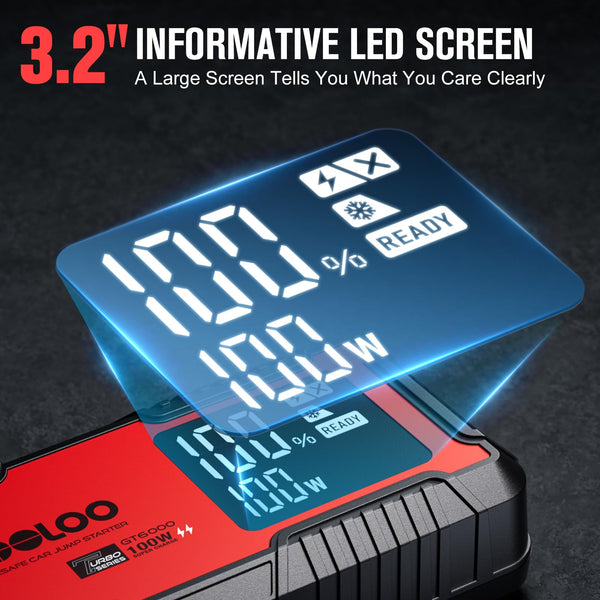 GOOLOO Portable Lithium Jump Starter GE3000 3000A Peak Car Starter for Up to 8.5L Gas or 6L Diesel Engine 12V Car Battery Booster Pack with LCD Screen, Power Bank + LED Flashlight, Type-C Port