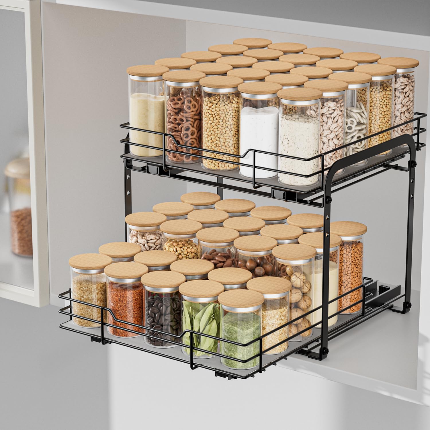 AIRUJIA Pull Out Cabinet Organizer - Height Adjustable 2-Tier Spice Rack, Heavy Duty Metal, Kitchen Storage Shelf for Inside Cupboard,