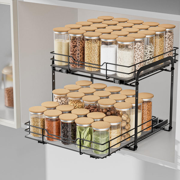 AIRUJIA Pull Out Cabinet Organizer - Height Adjustable 2-Tier Spice Rack, Heavy Duty Metal, Kitchen Storage Shelf for Inside Cupboard,