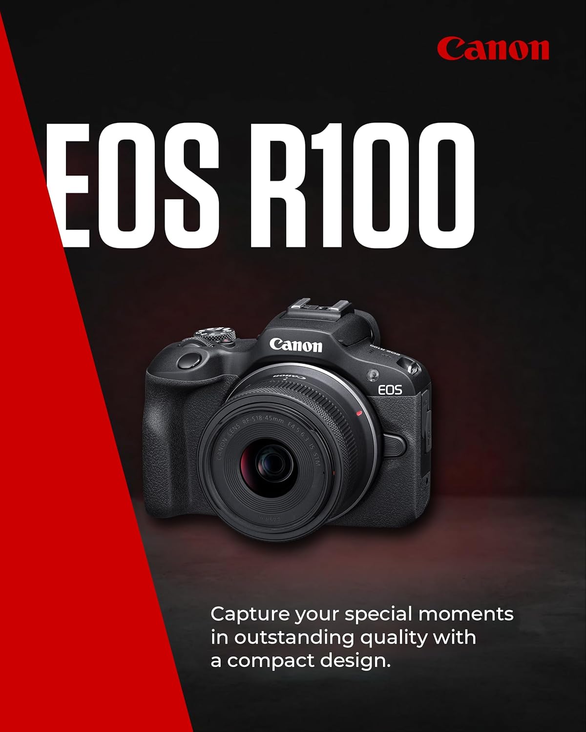 Canon EOS R100 - Compact Mirrorless Digital Camera - 24.1 MP, 4K Resolution - Dual Pixel CMOS AF, DIGIC 8 Processor - 6.5 FPS Continuous Shooting - Face & Eye Detection, Bluetooth, Wi-Fi, GPS