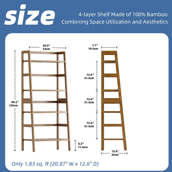 HITNET Ladder Bookcase, 4-Tier Leaning Bookshelf, Bamboo Open Display Storage Rack Shelves, Flower Plant Stand, Space Saving Small Book Shelf, Walnut