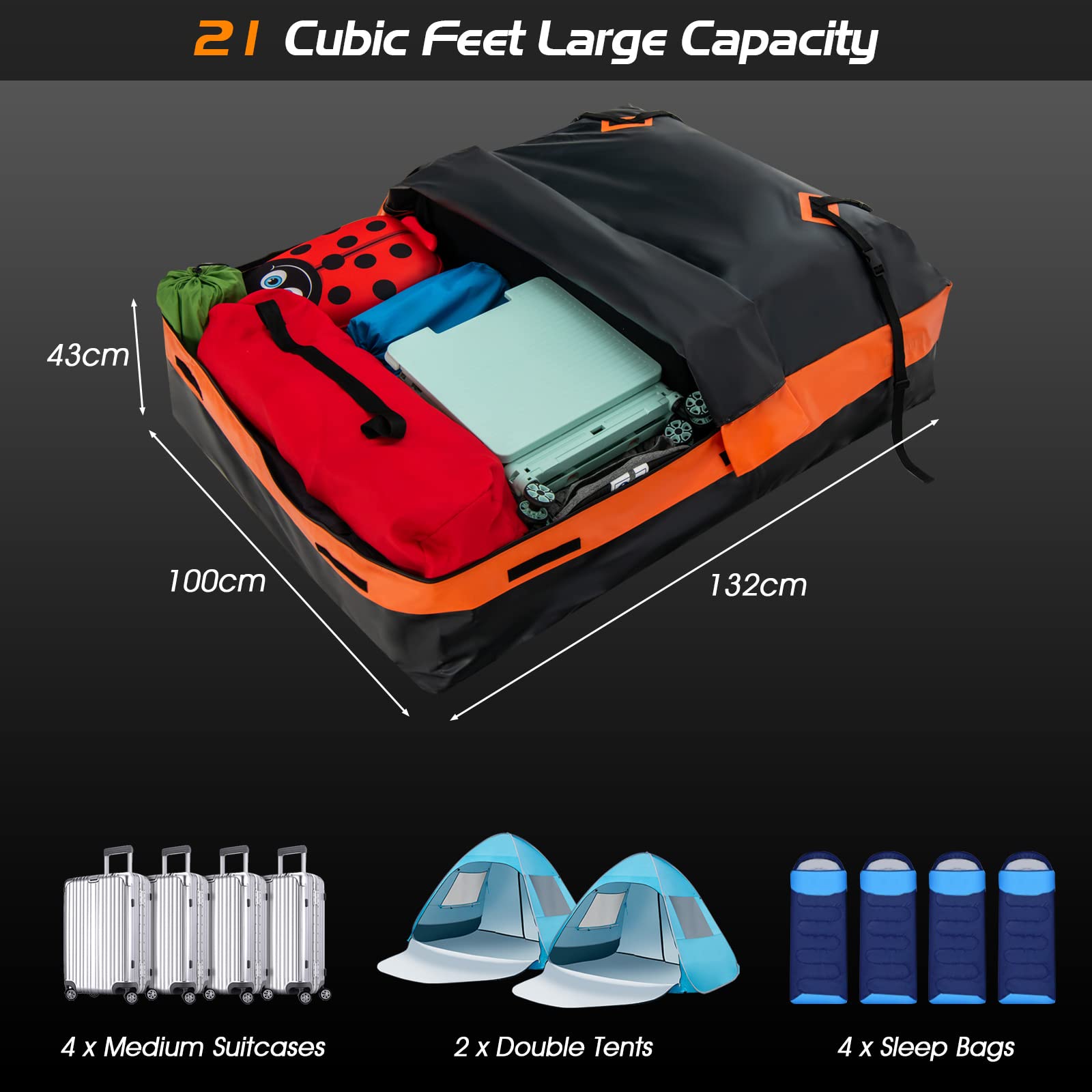 COSTWAY 15/21 Cubic Feet Car Roof Bag, 100% Waterproof Roofing Cargo Carrier with Anti-Slip Mat, Combination Lock & Straps, Rooftop Luggage Storage Box (Black, 21 Cubic Ft/600L)