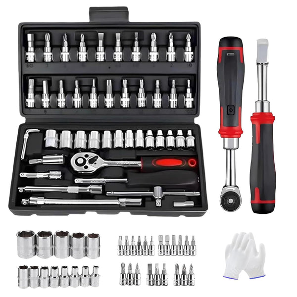 Slim Ratchet Set, with Bit Socket Set Metric and Extension Bar for Auto Repairing and Household, with Storage Case (Black)