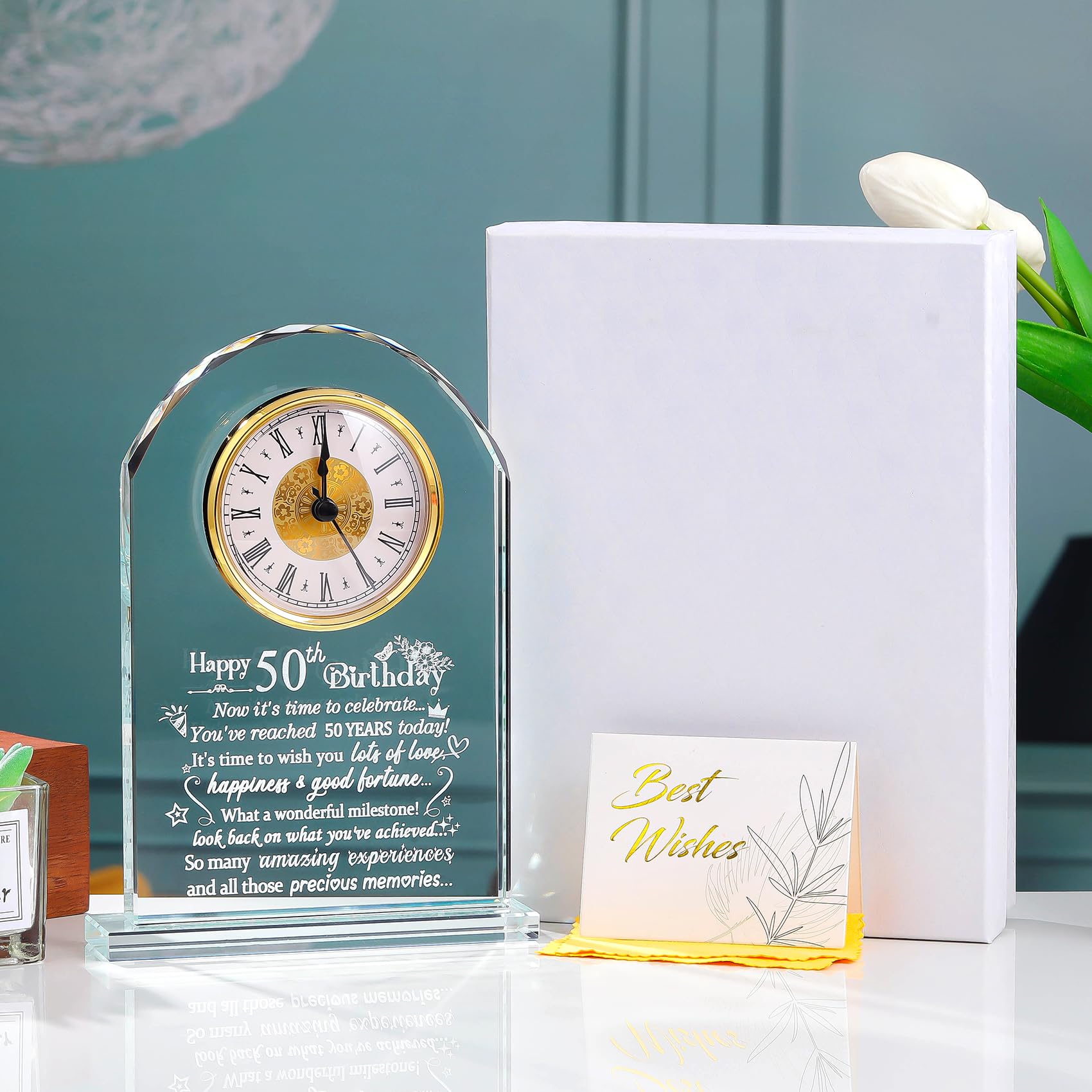 50th Birthday Quartz Clock Gifts for Women Ladies, Happy 50th Birthday Glass Keepsake Ornament Presents for Men Turning 50 Years Old