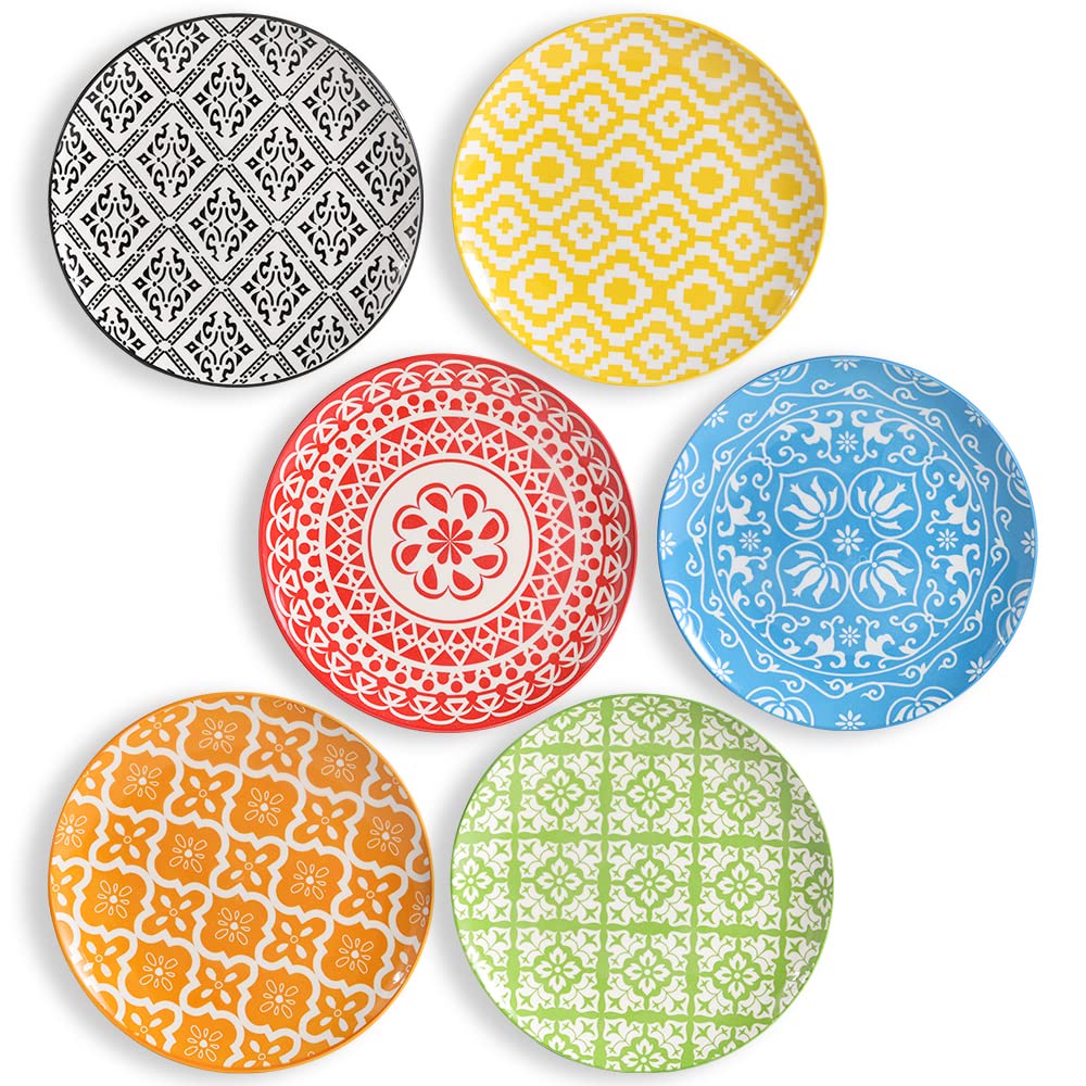 AHX Plate Set 8 Inch - Salad Plates | Dessert Appetizer Plates Colorful - Porcelain Lunch Plates - Set of 6 - Dishwasher and Microwave Safe