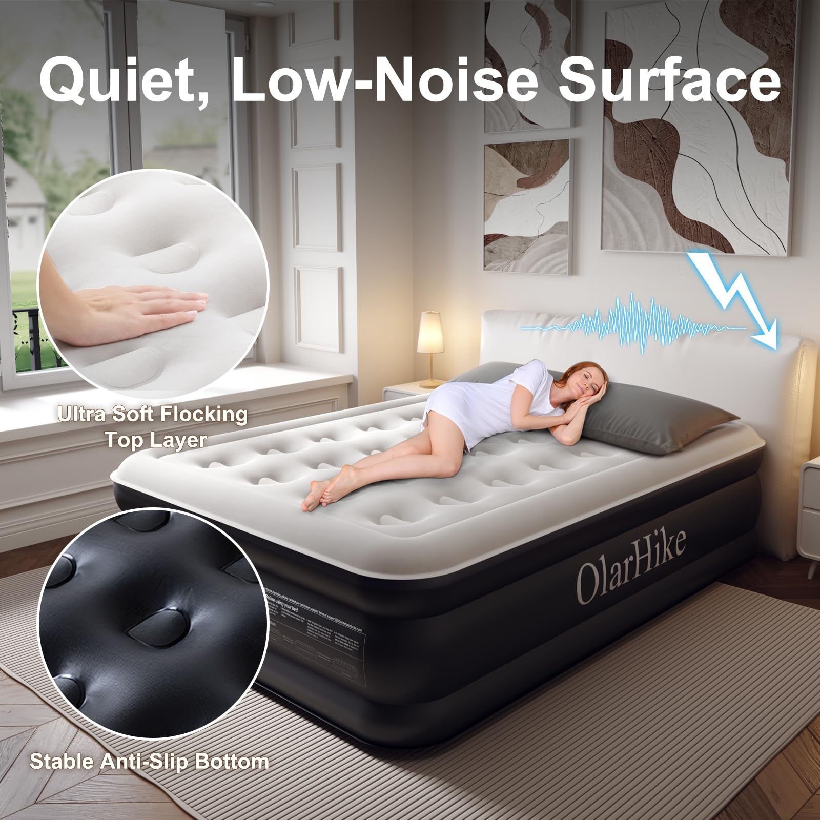 OlarHike Inflatable Mattress, Air Bed Double with Built-in Electric Pump, King Size Blow Up Self Inflating Guest Airbed with Flocked Surface for Camping or Home Use, 190cm L x 140cm W x 46cm H(Black)