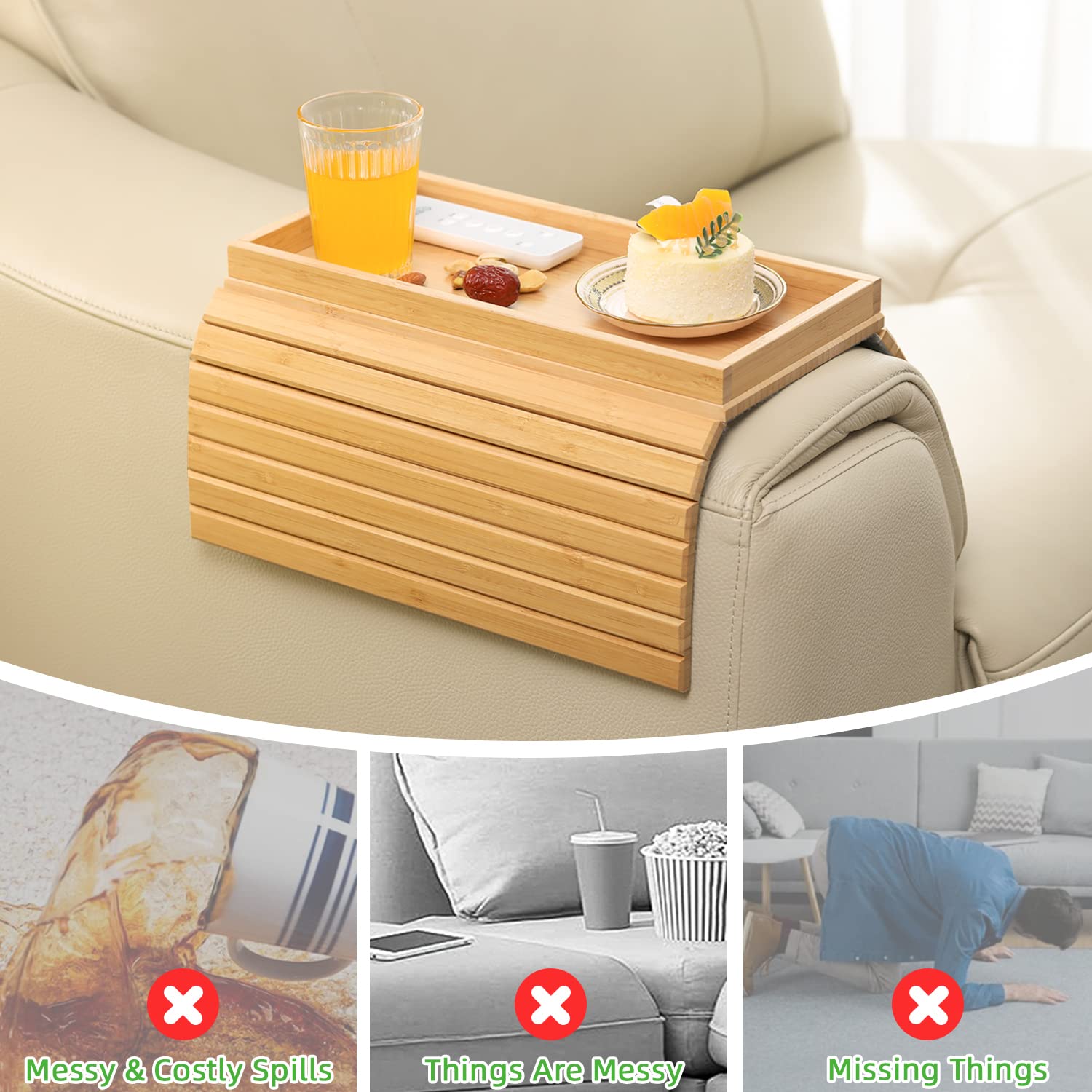 GEHE Natural Bamboo Sofa Arm Tray Table, Anti-Slip Couch Cup Holder for Snacks, Phone, Control, Cups - Flexible and Foldable