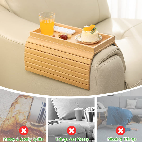 GEHE Natural Bamboo Sofa Arm Tray Table, Anti-Slip Couch Cup Holder for Snacks, Phone, Control, Cups - Flexible and Foldable