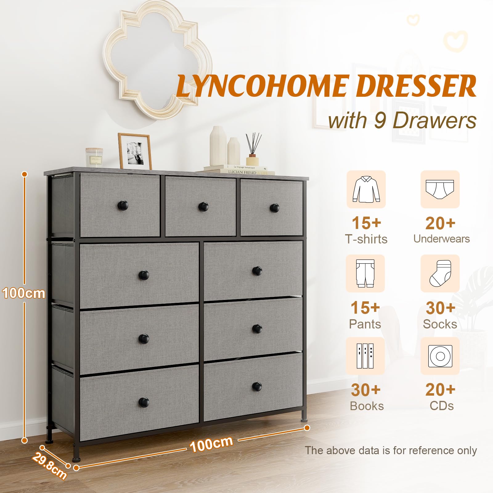 LYNCOHOME Chest of Drawer Bedroom, Drawers Storage Unit, Fabric Dresser with Metal Frame and Wooden Top, for Bedroom Living room, Nursery, Closet