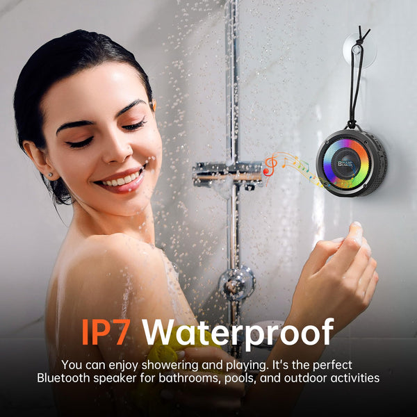 Bluetooth Shower Speaker with IPX7 Waterproof, Bluetooth Speaker with HD Stereo Sound, Built-in Mic Portable Wireless Speaker with Dynamic Lights 10H Playtime, for Outdoor Kitchen Gifts Golf, Black