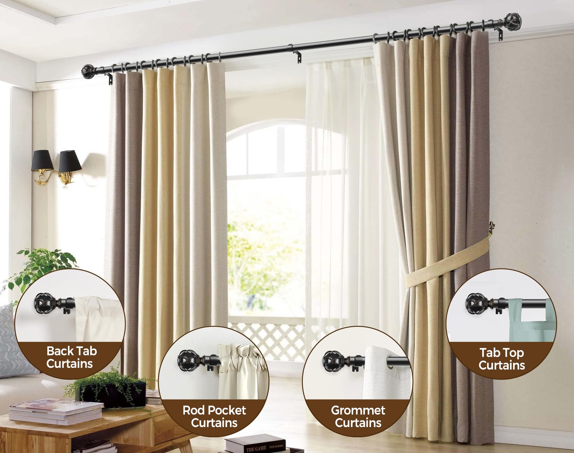 KAMANINA Curtain Poles for Eyelet Curtains 80 to 304 cm, Extendable Black Curtain Pole with Brackets, 22 mm Diameter Single Curtain Rod with Netted