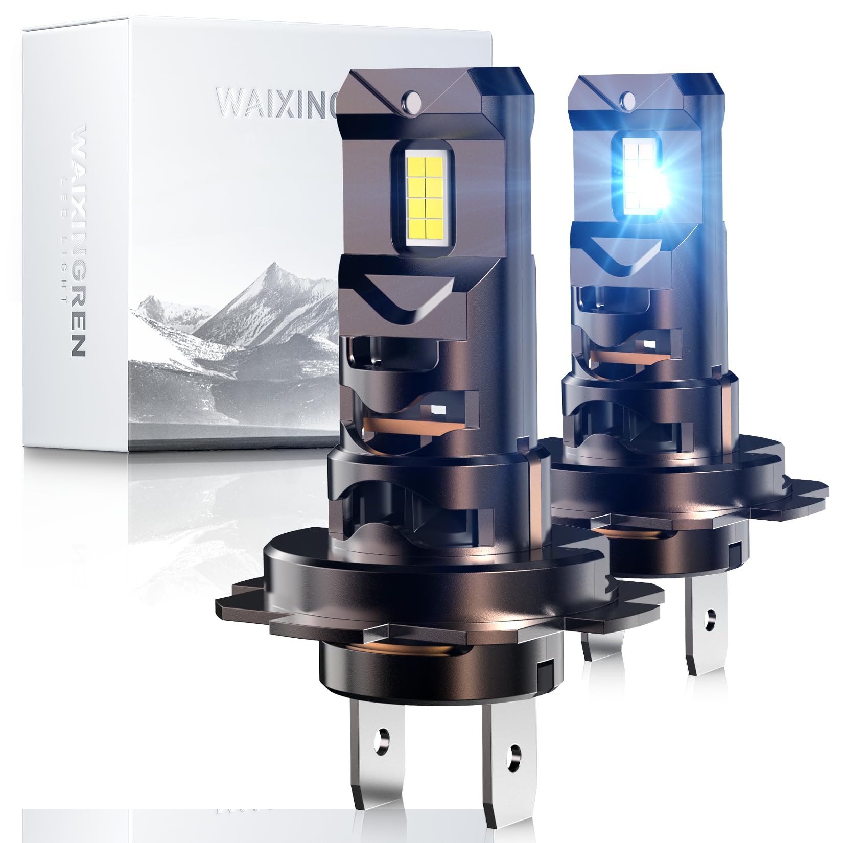 WAIXINGREN H4 Led Headlight Bulbs, 6500K Cool White, 60W 26000LM H4 Headlight Bulbs led with Fan, No Adapter Required, Plug and Play Easy Installation, Pack of 2 (H4/9003/HB2)