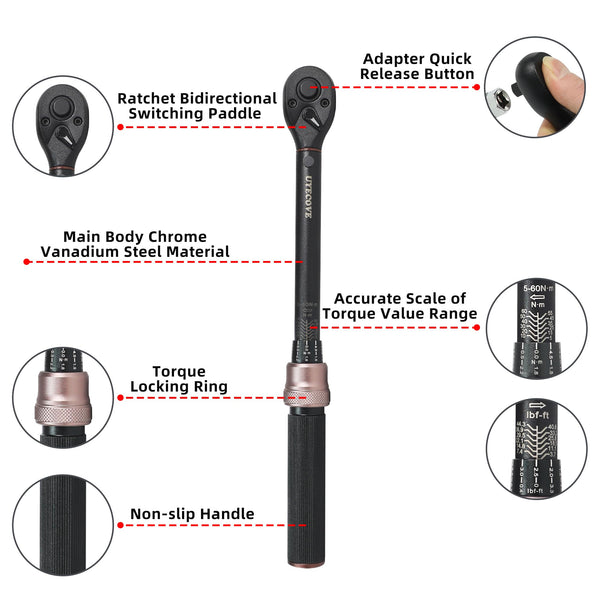 Torque Wrench 1/4 Bike Torque Wrench 1-25nm Torque Wrench Set 63ps with 100mm Extension bar and Socket
