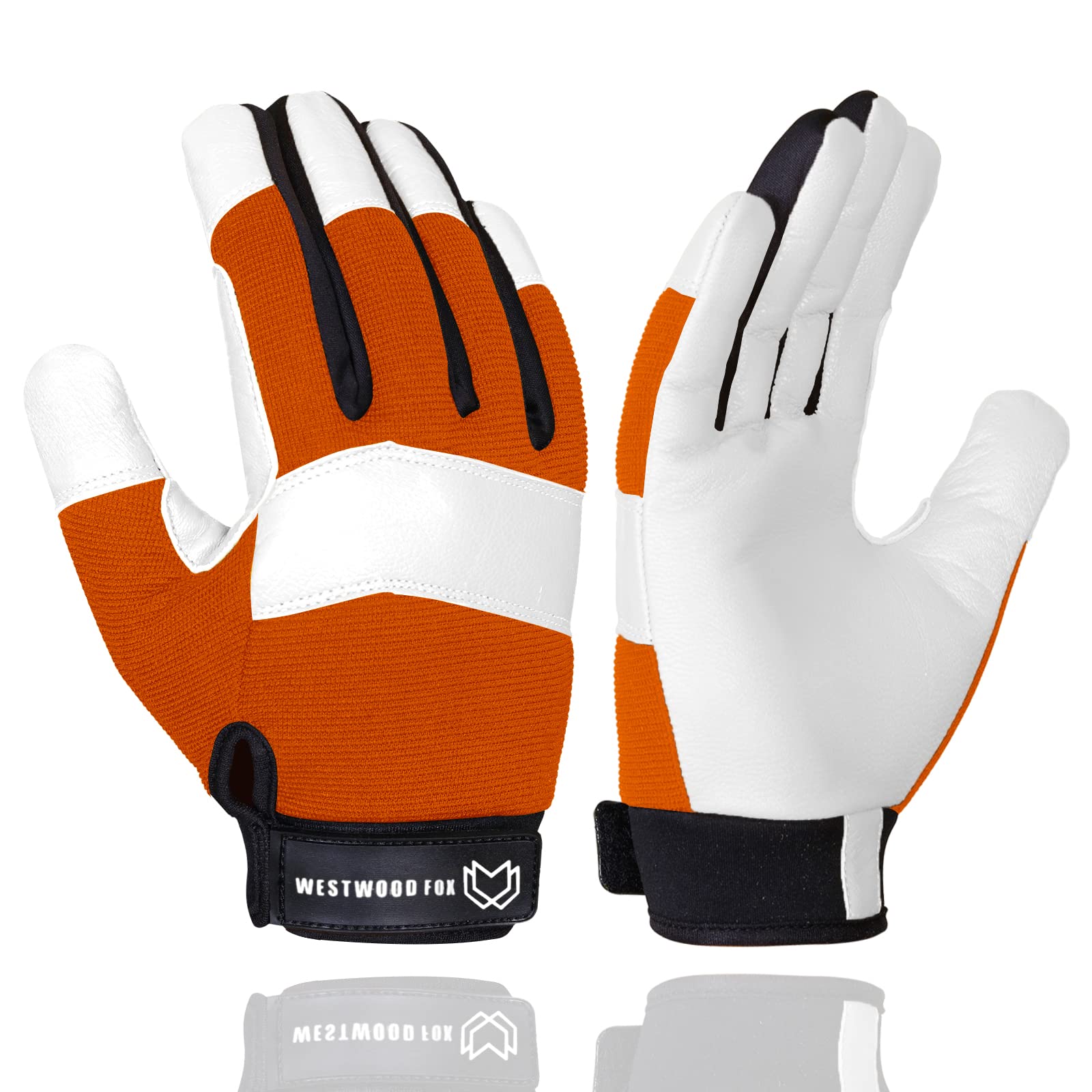 WESTWOOD FOX Gardening Working Gloves Garden Thorn Proof Flexible Heavy Duty Leather Mechanic Utility Dexterity Breathable Construction Gloves for Work Mens Women (Metallic Orange, L)
