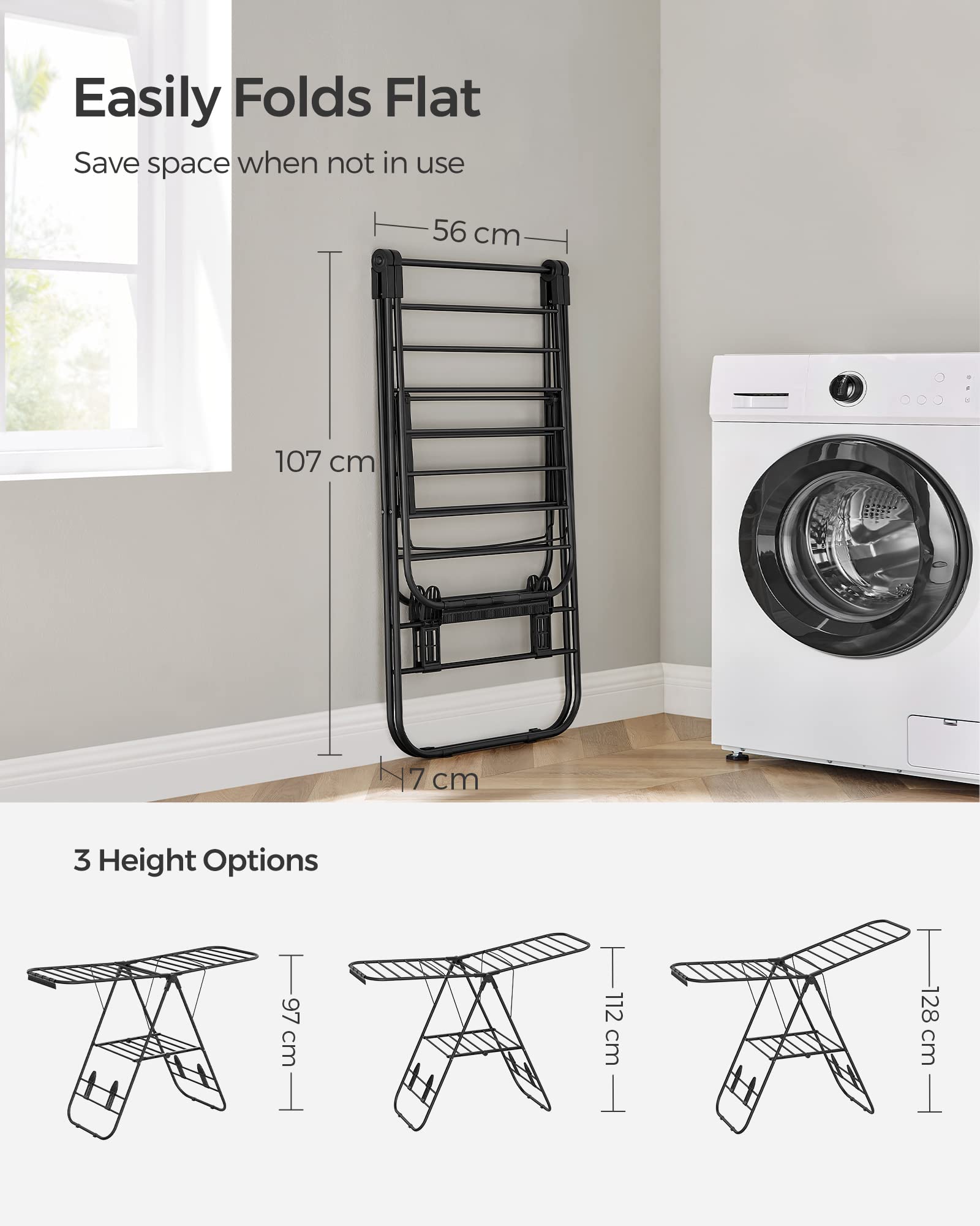 SONGMICS Clothes Airer, Foldable Clothes Drying Rack, Clothes Horse with Height-Adjustable Wings, Free-Standing Laundry Drying Rack, Indoor and
