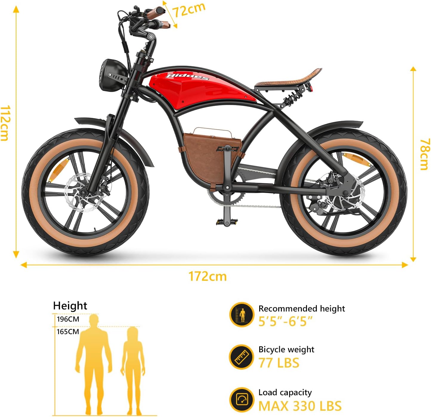 Hidoes B10 Ebikes for Adults,13Ah Battery 70Km Range,Fat Tire Electric Bike for Adults Up to 25Km/h, 60N·M Motor Electric Bicycle Retro E Bike,with Leather Bags,20" All-Terrain Tires