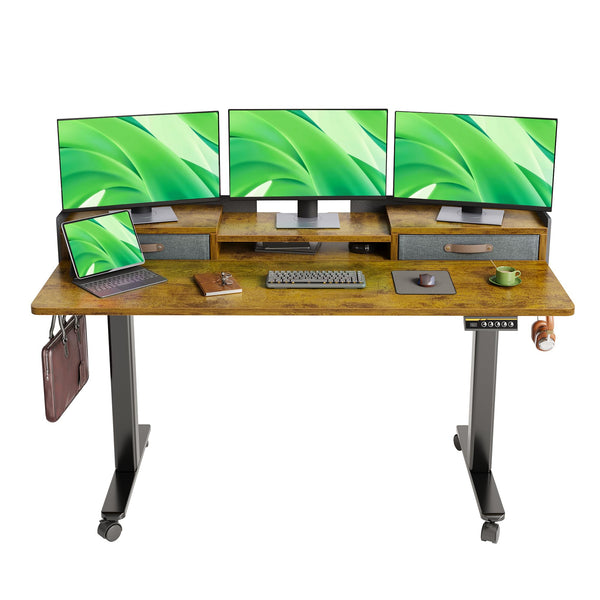 Claiks Electric Standing Desk with Drawers, 120x60cm Height Adjustable Desk with Storage Shelf and Splice Board, Stand Up Desk for Home Office, White Frame/Maple Top