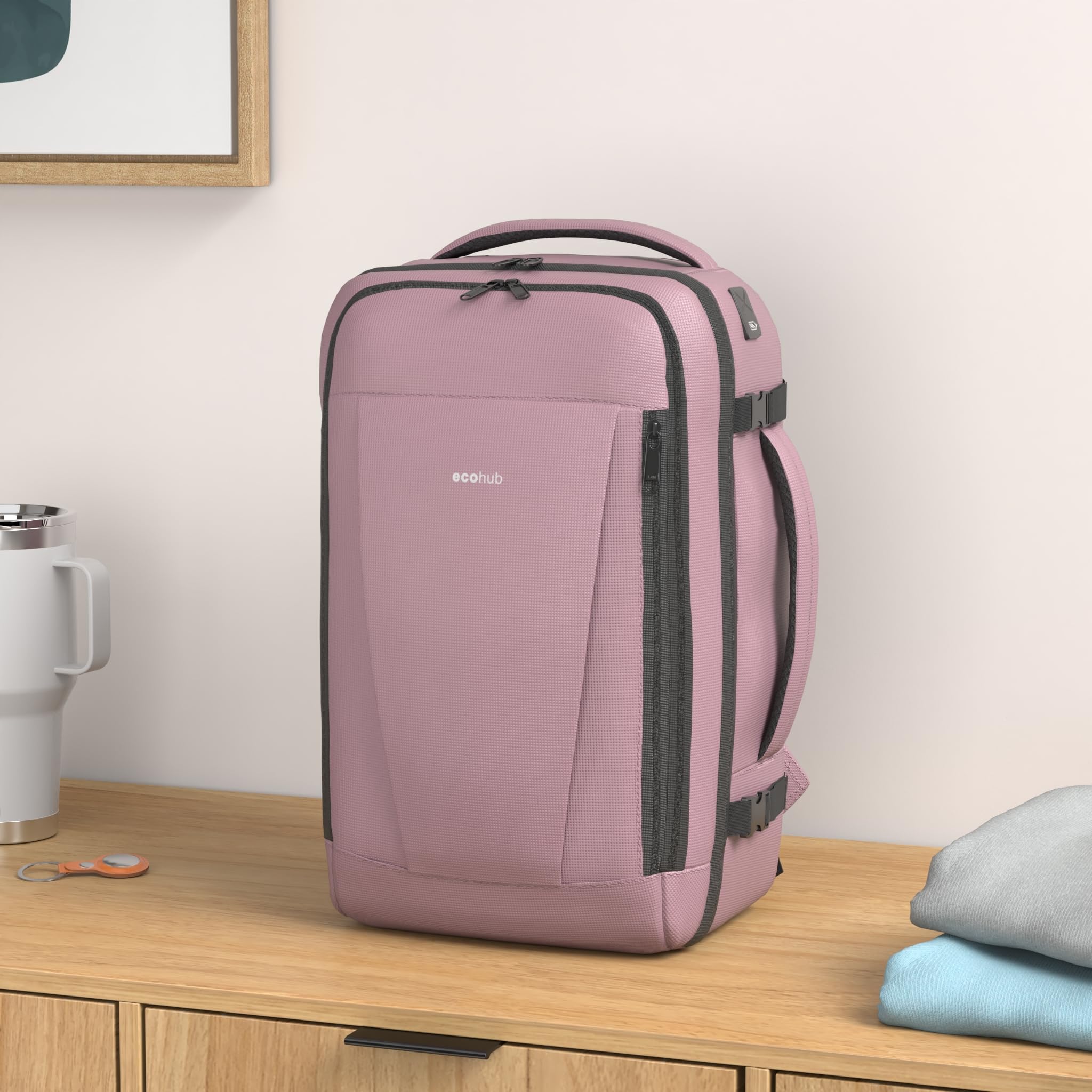 ECOHUB Easyjet Cabin Bag 45x36x20 Underseat Backpack Travel Rucksack 13 Pocket Hand Luggage Waterproof Recycled PET Eco Friendly Carry On Bag for Women & Men 30L Pink