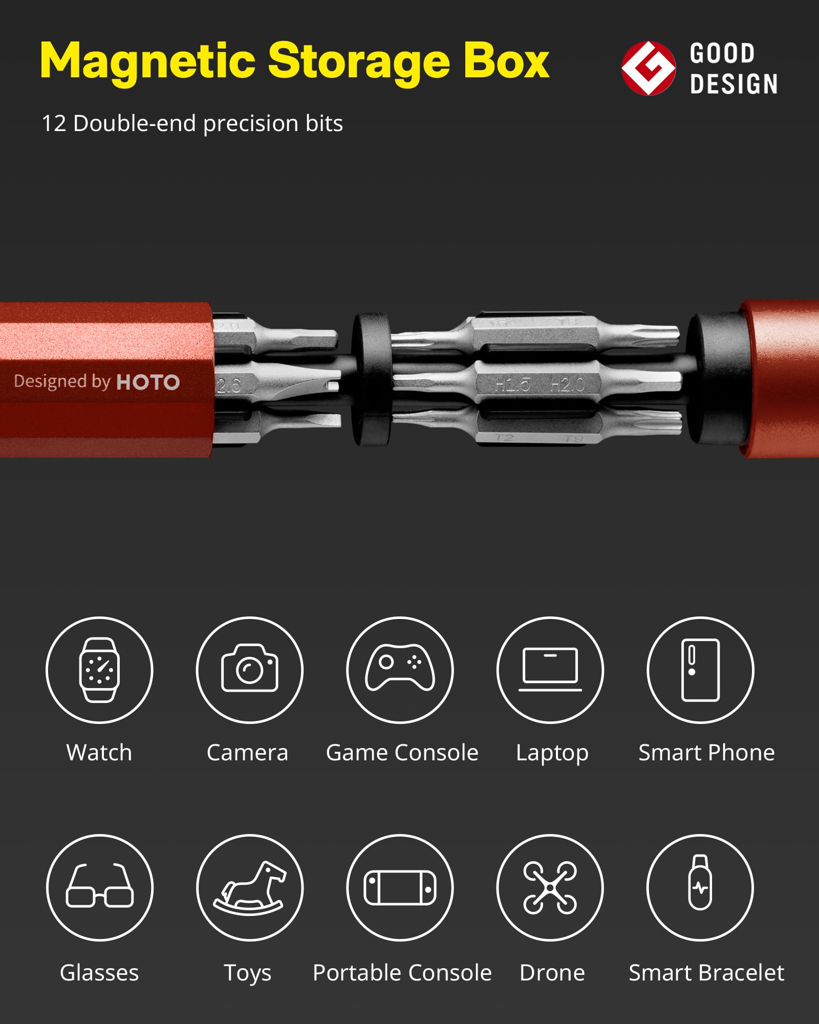 HOTO Precision Screwdriver Set, 24-in-1 Multi-Bit Screwdriver, Mini Hand Set with 12 Double End S2-Steel Bits, Ideal for Phone/Glasses/Watches/Laptop, Cinnabar Red