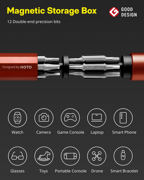 HOTO Precision Screwdriver Set, 24-in-1 Multi-Bit Screwdriver, Mini Hand Set with 12 Double End S2-Steel Bits, Ideal for Phone/Glasses/Watches/Laptop, Cinnabar Red